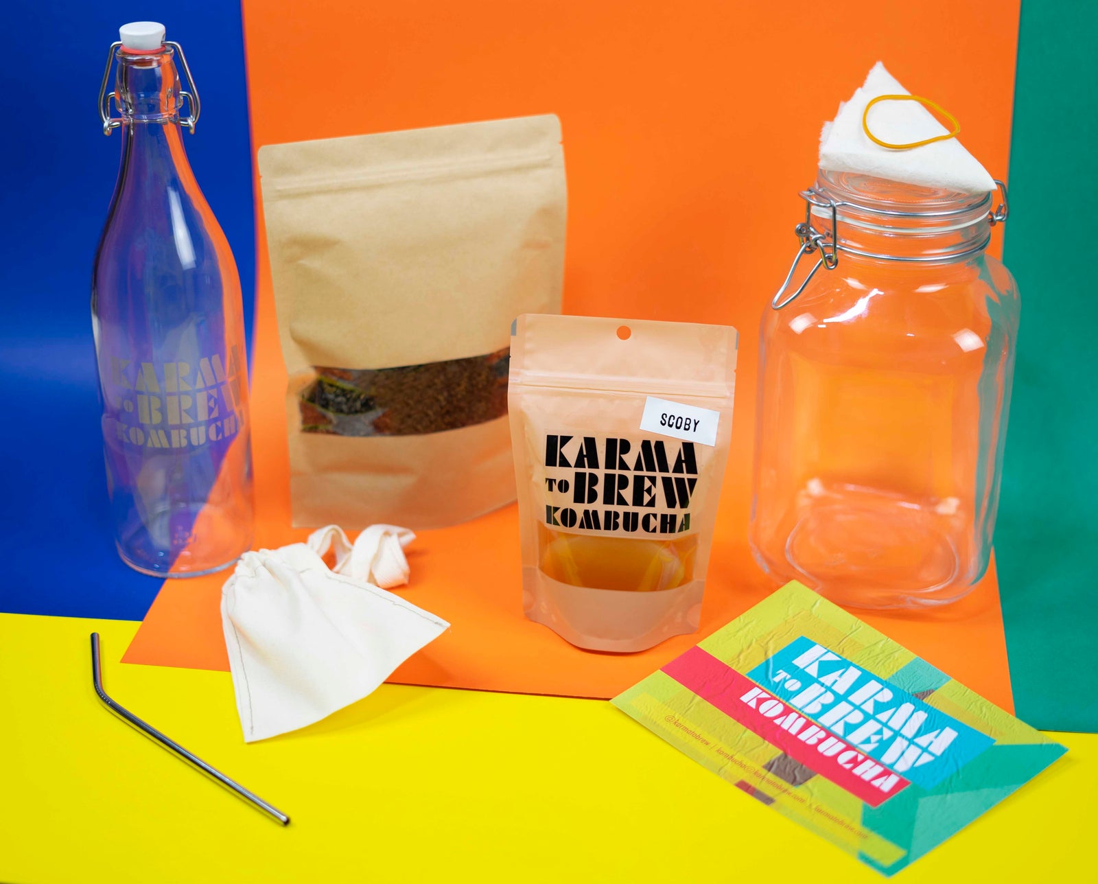 Kit completo de kombucha Karma to brew para preparar en casa con SCOBY, frasco de fermentación, botella, receta, blend de té